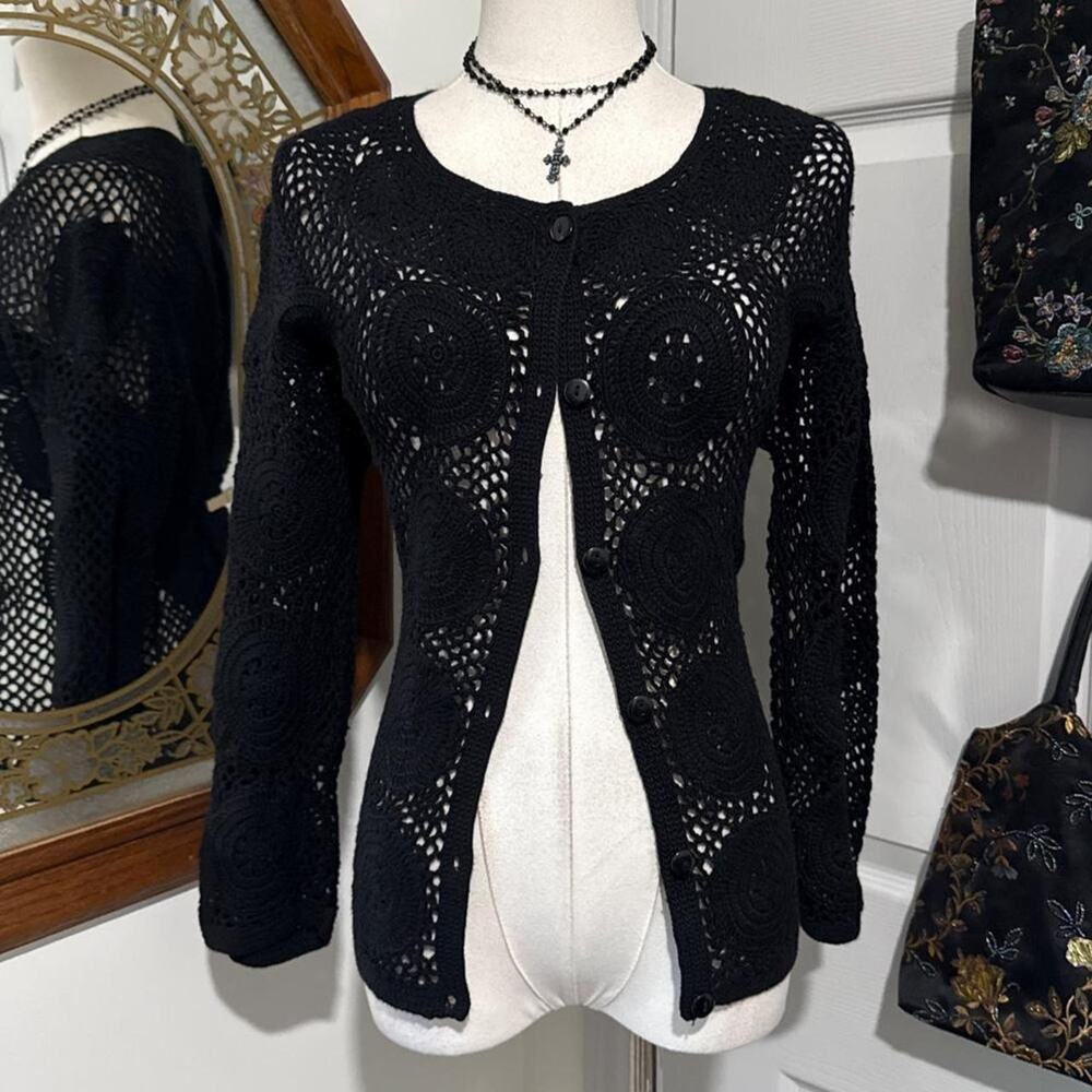 VTG Y2K Dressbarn Black Open Knit Crochet Boho Medallion Long Sleeve Cardigan L